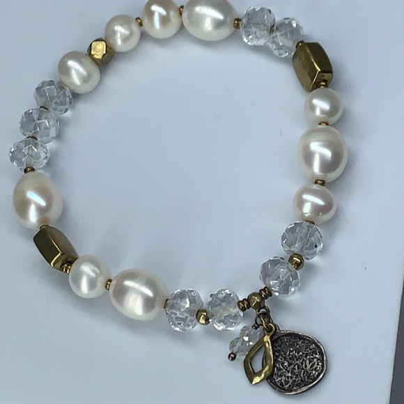 EUC Silpada ‘Down to Earth’ stretch bracelet pearls sterling & brass B3168 - Picture 3 of 5